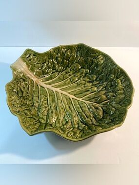 Vintage Secla Portugal Majolica Ceramic Lg 13” Green Cabbage Leaf Serving Bowl